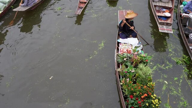 Aerial view famous floating market at Ratchaburi, in Thailand,  Damnoen Saduak floating market,