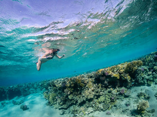 Young woman snorkeling at coral reef of Red Sea