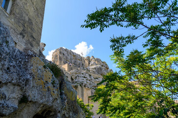 upwards view onto the rock church Santa Maria dell Idris at Matera, Italy