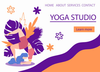 Website banner design for Yoga studio promotion with Learn more button. Yogi woman meditating