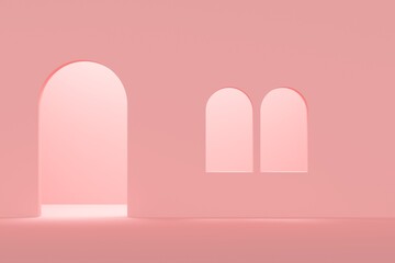 Abstract Pink background with arch and window. 3d rendering