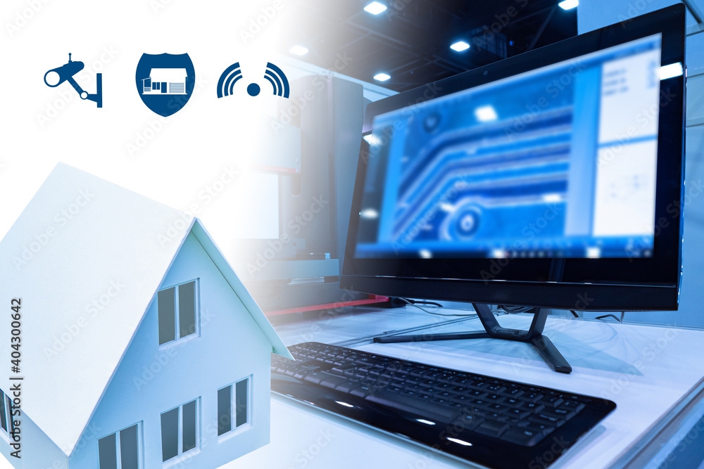 Poster smart home security for private homes. this house is equipped with a centralized smart home security