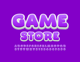 Vector bright logo Game Store. Violet and White creative Font. Modern Alphabet Letters and Numbers set