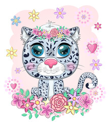 Cartoon snow leopard with expressive eyes. Wild animals, character, childish cute style.