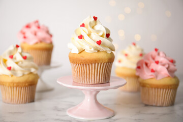 Tasty sweet cupcake on stand. Happy Valentine's Day