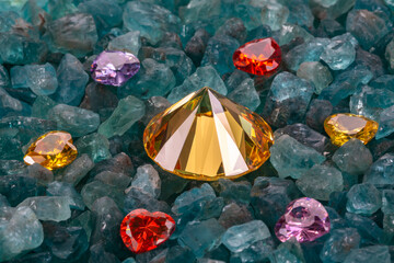 Yellow sapphire diamonds are surrounded by heart shaped diamonds on raw sky blue gemstones..jewelry...