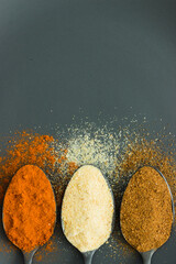 Three different kinds of spices on black spoons and gray background; seasoning
