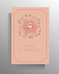 Happy Women's Day greeting card. Delicate design template in pastel colors with a cute doodle girl. Vector illustration.