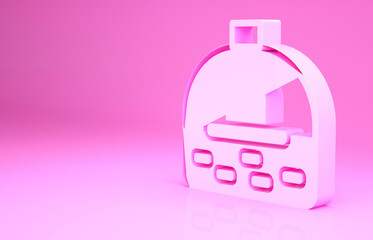 Pink Brick stove icon isolated on pink background. Brick fireplace, masonry stove, stone oven icon.Minimalism concept. 3d illustration 3D render.