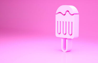 Pink Ice cream on stick icon isolated on pink background. Sweet symbol. Minimalism concept. 3d illustration 3D render.