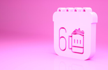 Pink Saint Patricks day with calendar icon isolated on pink background. Four leaf clover symbol. Date 17 March. Minimalism concept. 3d illustration 3D render.