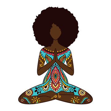 Yoga girl. African american woman doing yoga. Ornament Meditation pose. I
