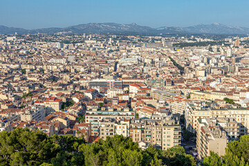 Fototapeta na wymiar View to skyline of Marseille from Notre-Dame de la Garde