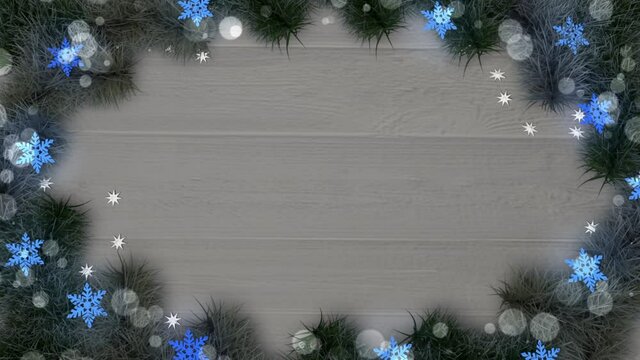 Animated winter frame with sparks, snowflakes and spruce branches isolated on wooden background. 3d rendering, seamless loop, Bokeh effect