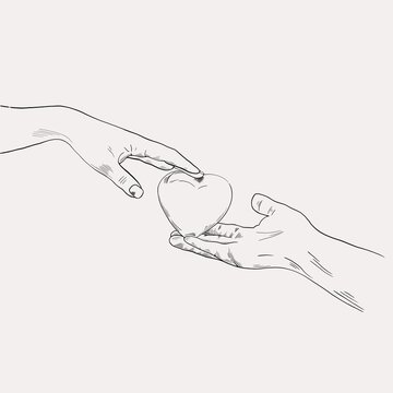 Sketch of hands with heart. Hand drawn line art illustration