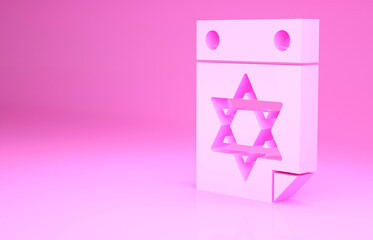 Pink Jewish calendar with star of david icon isolated on pink background. Hanukkah calendar day. Minimalism concept. 3d illustration 3D render.