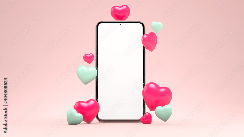 Poster 3d rendering mobile phone mockup with hearts for valentines day background design. empty isolated ge