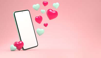 Smartphone mockup with floating hearts and copyspace. Valentines day template in 3D rendering. Empty generic mobile phone blank screen template. 3D illustration