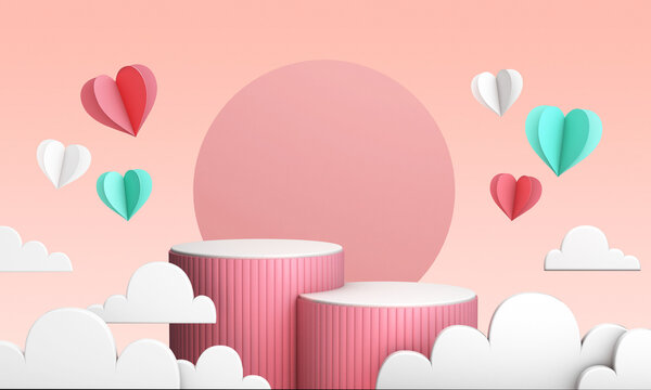 Valentine's day podiums with clouds and hearts in 3D rendering. Valentines day background scene, love pink pastel pedestal to product display, 3D illustration