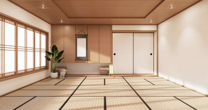 3D rendering white  Japanese style room interior design orinal..