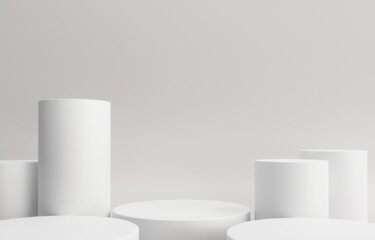 Podium, exhibition round pedestal - 3d render illustration. Stand for cosmetic products. Geometric  - architectural composition. Gray white base podium.