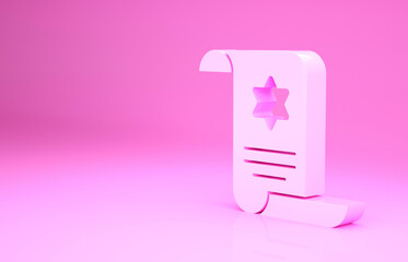 Pink Torah scroll icon isolated on pink background. Jewish Torah in expanded form. Star of David symbol. Old parchment scroll. Minimalism concept. 3d illustration 3D render.