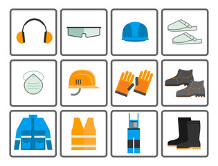 Flat job safety equipment vector icons set. Safety icon, equipment, job industrial. Vector illustration.