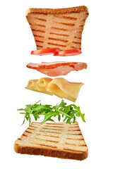 Fresh sandwich with flying ingredients on white background isolated. Fly food concept