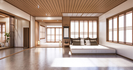 Bed room japanese design on tropical room interior and tatami mat floor. 3D rendering