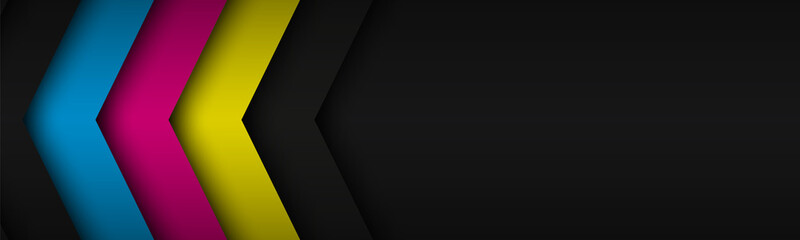 Black modern header with overlapped layers with cmyk colors. Banner for your business. Vector abstract widescreen background