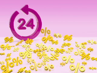 Purple 24 hour sign on percentage yellow sale background.