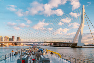 Binnenvaart, Translation Inlandshipping on the river Nieuwe Maas Rotterdam Netherlands during sunset hours, Gas tanker vessel Rotterdam oil and gas transport. Netherlands - obrazy, fototapety, plakaty