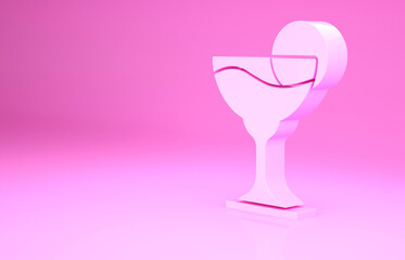 Pink Margarita cocktail glass with lime icon isolated on pink background. Minimalism concept. 3d illustration 3D render.