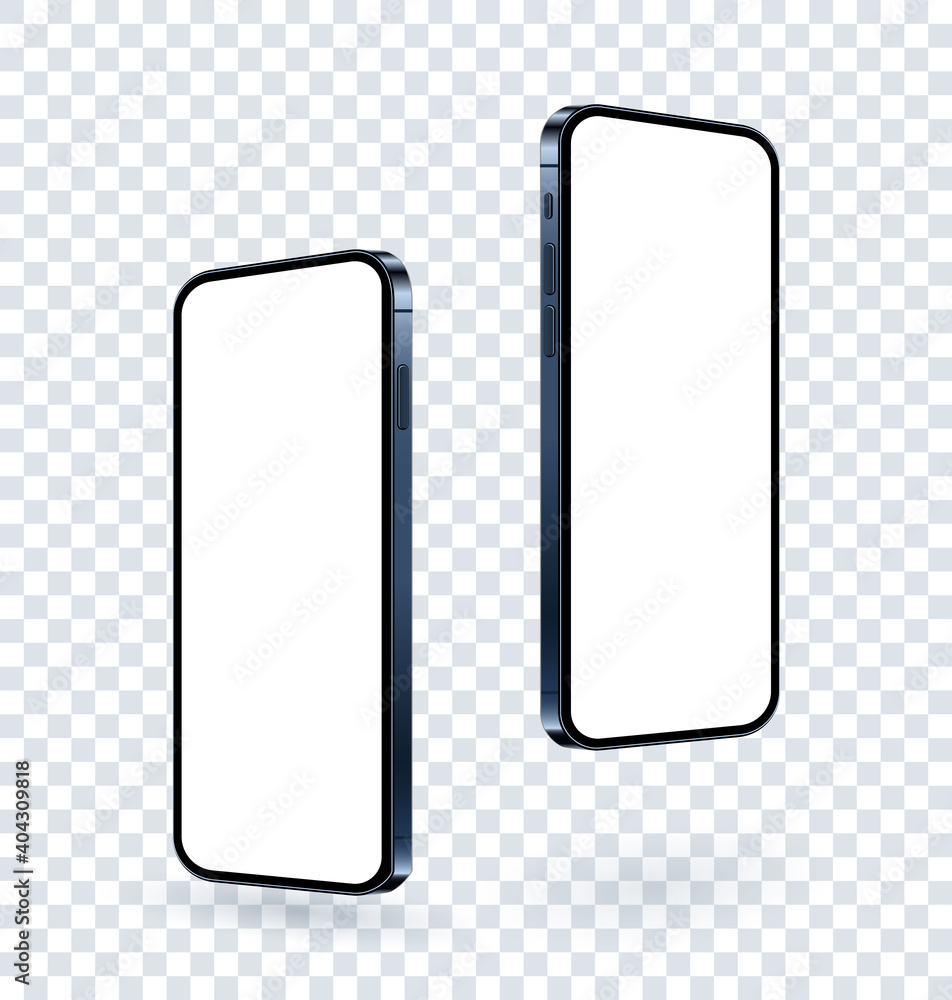 Poster phone mockup with blank screen rotated and floating. realistic mobile blue color device flying on tr
