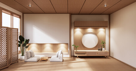 Fototapeta na wymiar wooden cabinet in modern empty room and white wall on white floor room japanese style. 3d rendering
