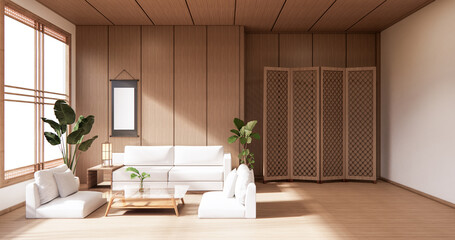The Wooden interior design,zen modern living room Japanese style.3D rendering