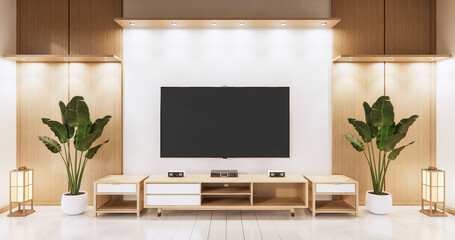 Tv on empty wall background and wall wooden japanese design on living room zen style.3D rendering