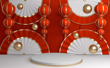 The Red Chinese podium minimal geometric, podium Chinese traditional.3D rendering