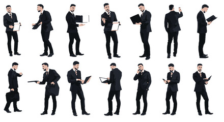 Collection of handsome businessman in suit working using tablet and notepad. Easy editable vector realistic illustration. 