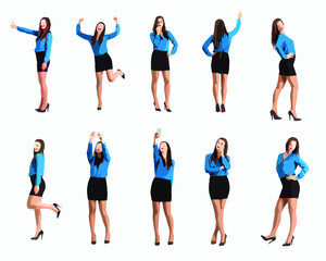 Obraz premium Collection of business woman in blue shirt and skirt made of minimalism shapes. Easy editable vector illustration. 