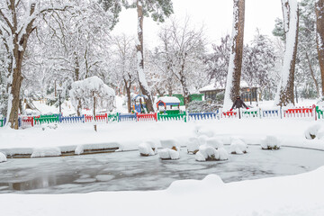 San Roque park covered in snow and closed to the public in the city of Guadalajara in Spain after storm Filomena