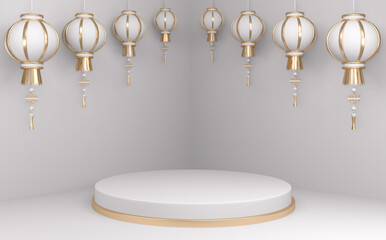 Podium minimal geometric white background and floor golden abstract.3D rendering