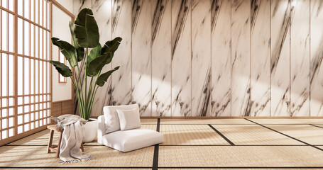 partition japanese on room tropical interior with tatami mat floor and ganite tiles wall.3D rendering