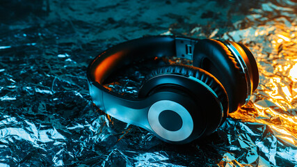 Naklejka premium Black headphone in neon lights on the foil with shiny crumpled surface background. 80s music concept.