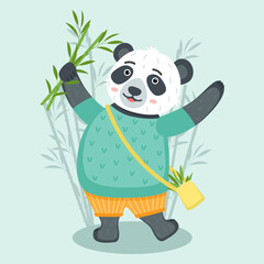 Cheerfull cute panda with bamboo, vector illustration