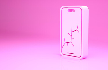 Pink Smartphone with broken screen icon isolated on pink background. Shattered phone screen icon. Minimalism concept. 3d illustration 3D render.