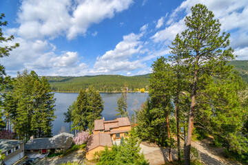 View from above an upscale waterfront community along Liberty Lake, in Liberty Lake, Wa, USA