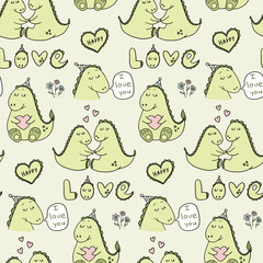 cute vector seamless pattern with loving dinosaurs and hearts. valentine's day print, wallpaper, background, design of notebooks, textiles and packaging paper. couple in love, animals, doodles