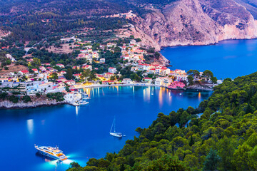 Kefalonia, Greece. Colorful village of Assos seen from Assos Castle.