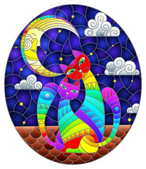 Illustration in stained glass style with bright cats on the roof on the background of the sky and the moon, oval image